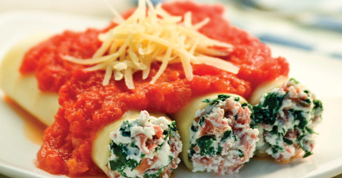 canelones, ricotta, jamón serrano,espinaca
