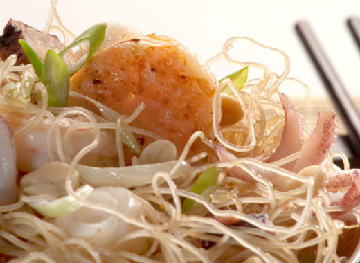 fideos, soya, frutos del mar