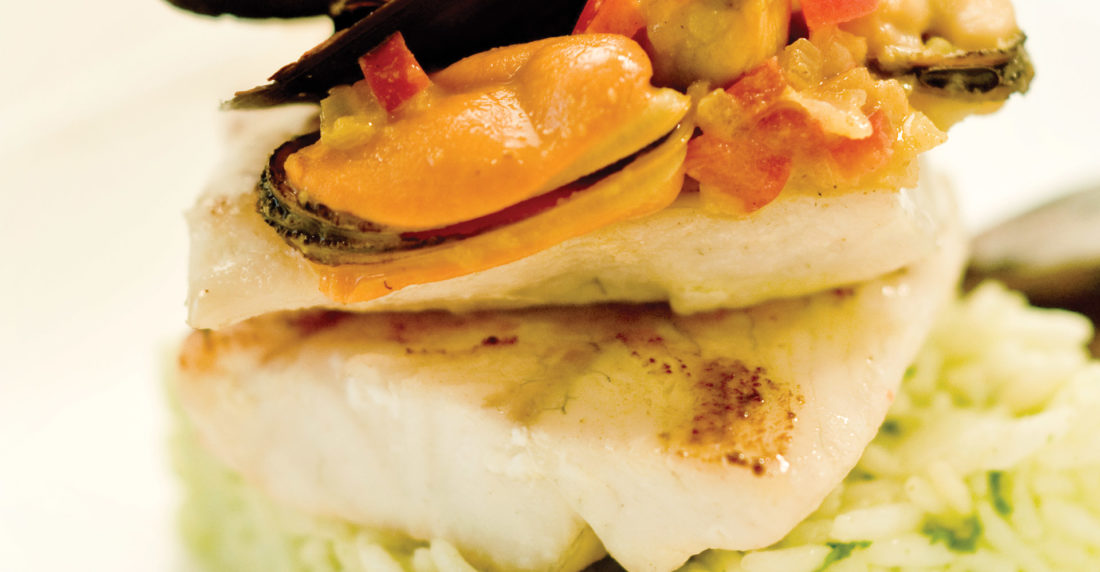 sea bass, róbalo, mejillones, mussels