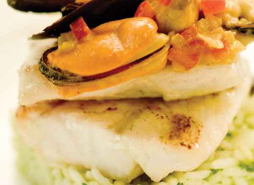 sea bass, róbalo, mejillones, mussels