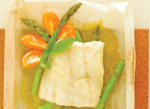 róbalo, espárragos, naranjas