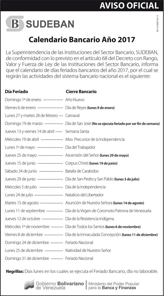 Sudeban calendario bancario 2017