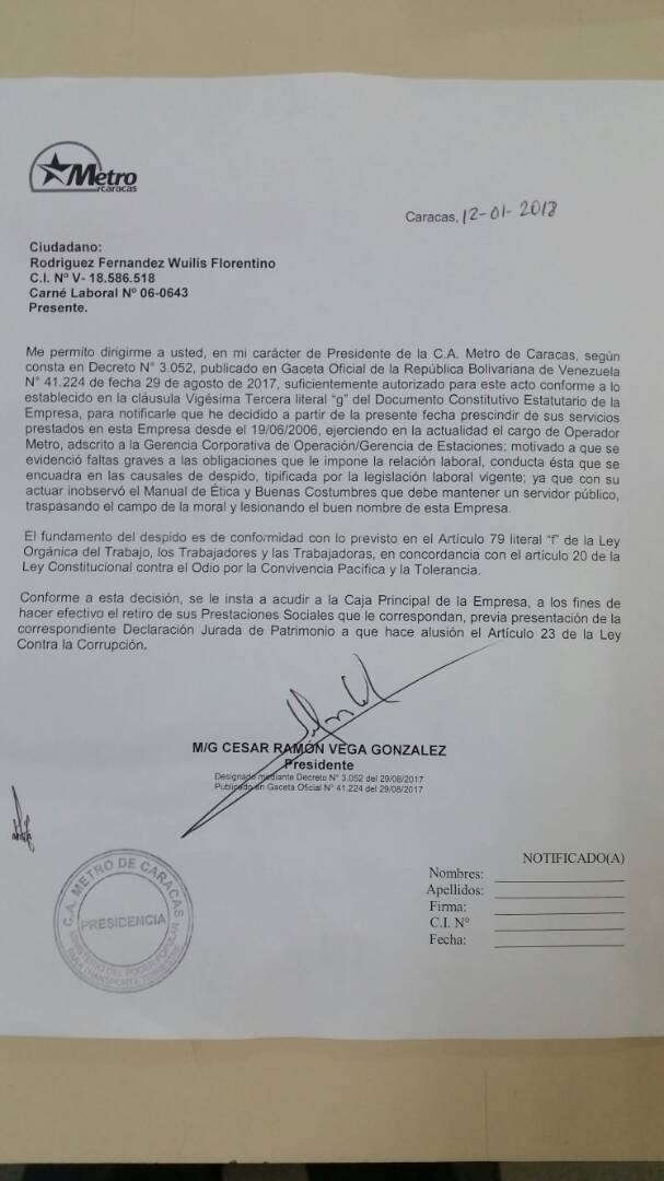 Carta despido trabajador del Metro