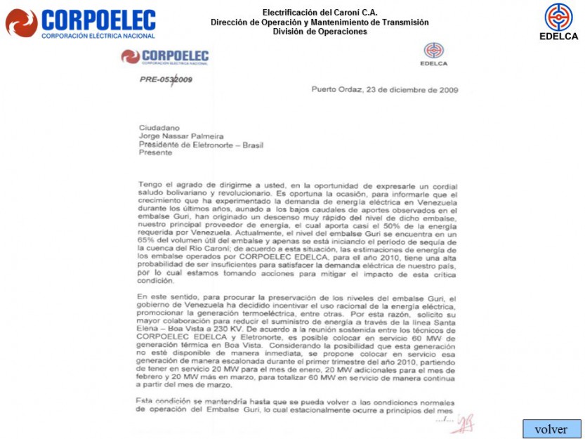 Corpoelec despacho a Brasil 1