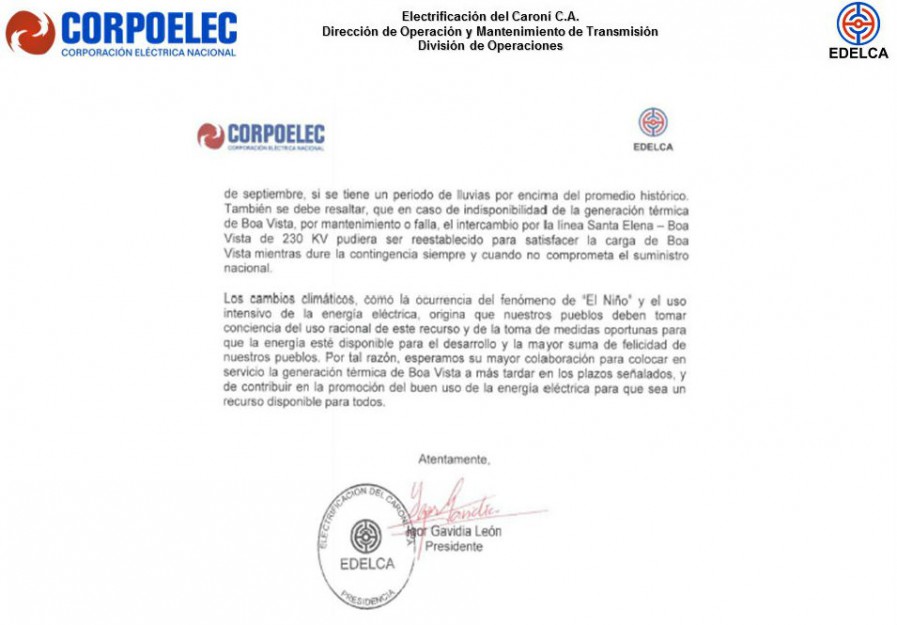 Corpoelec despacho a Brasil