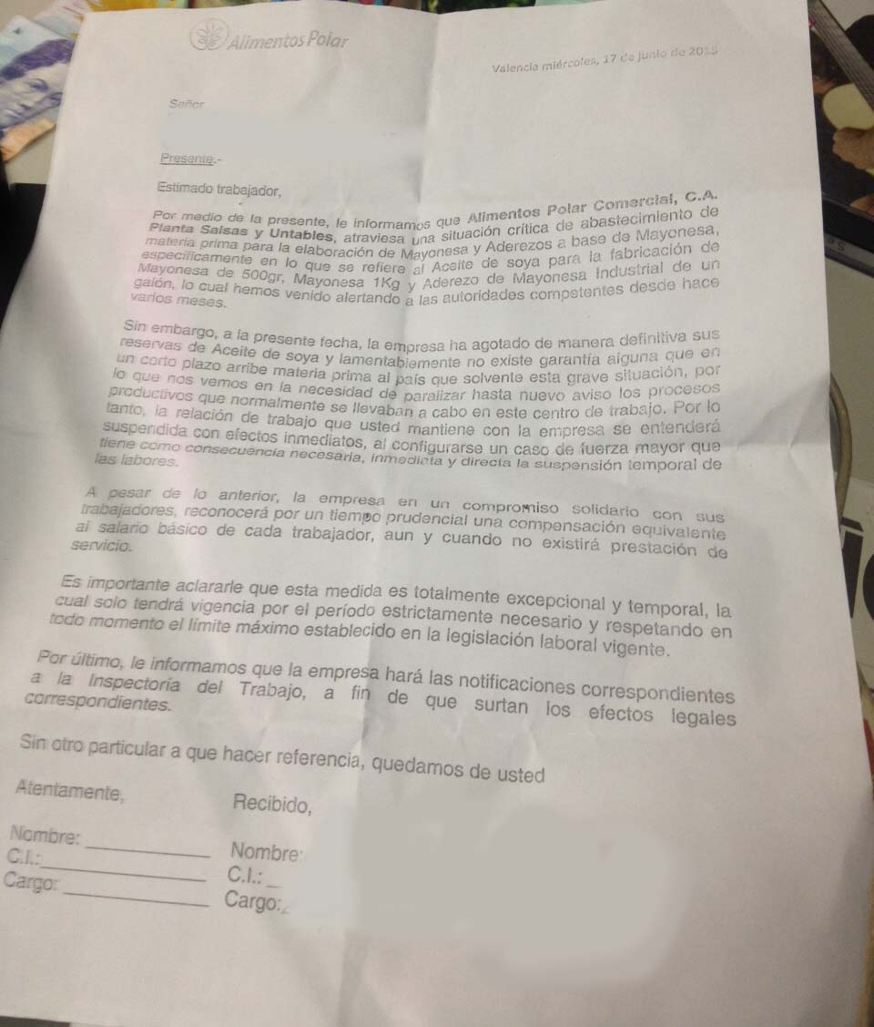 carta de Polar a trabajadores de línea de mayonesa