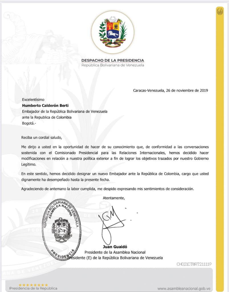 Destituyen a Humberto Calderón Berti como embajador interino de Colombia