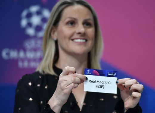 UEFA Champions League ambassador Kelly Smith holds the slip of Real Madrid during the UEFA Champions League football cup round of 16 draw ceremony on December 16, 2019 in Nyon.