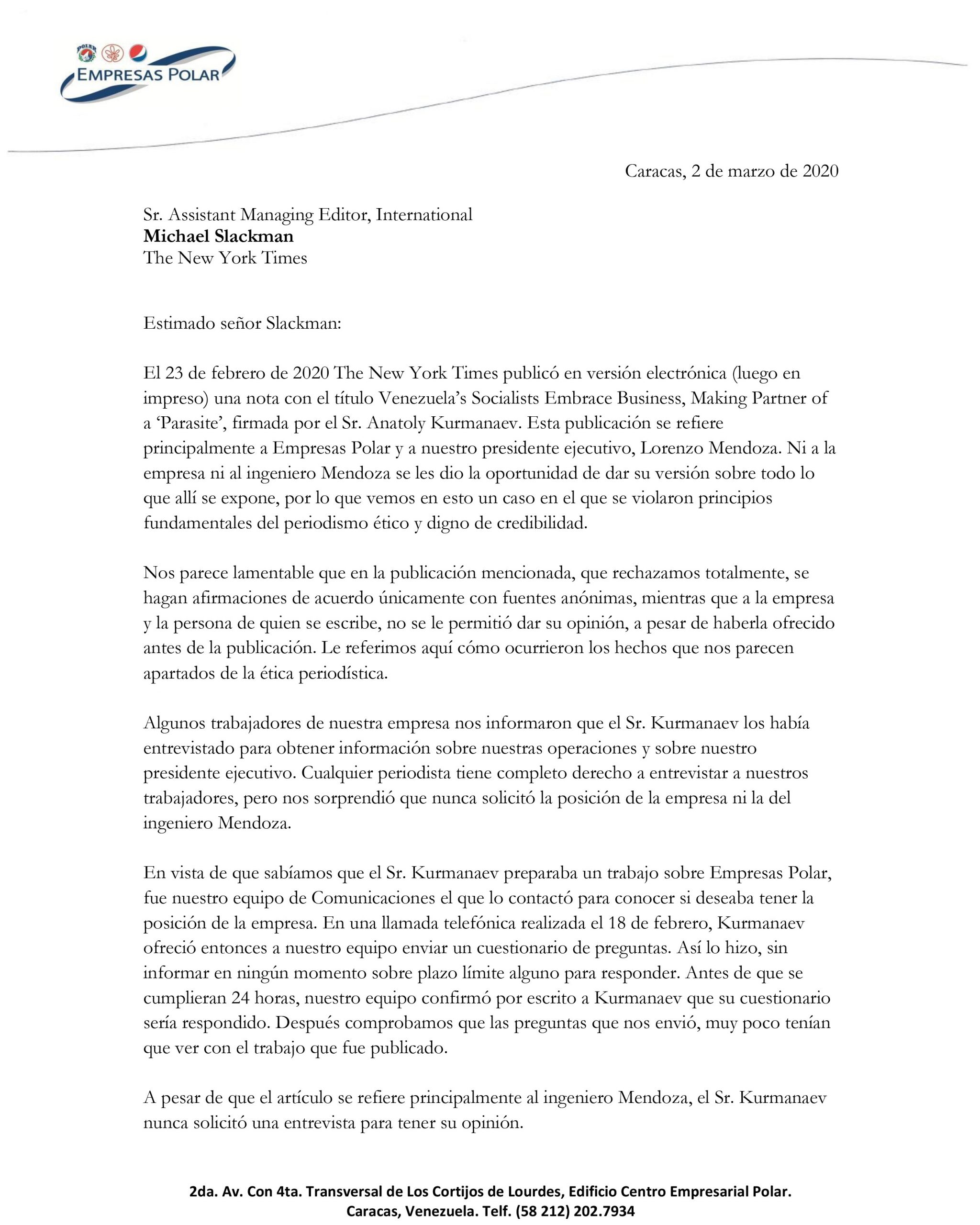 Polar se queja ante the new york times