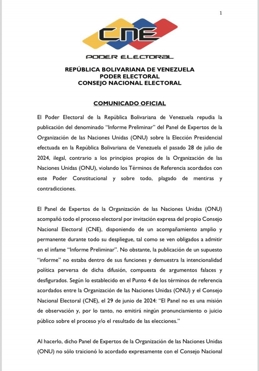 CNE le responde al panel de expertos de la ONU por X y luego borra el ...
