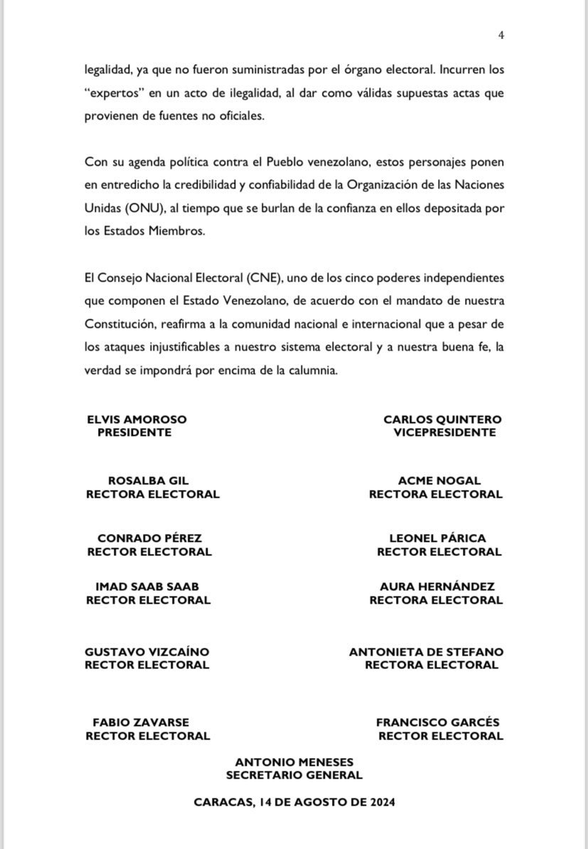 CNE le responde al panel de expertos de la ONU por X y luego borra el ...