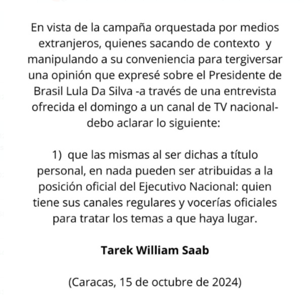 Yván Pinto aclara que lo que dijo Saab sobre Lula es su opinión personal