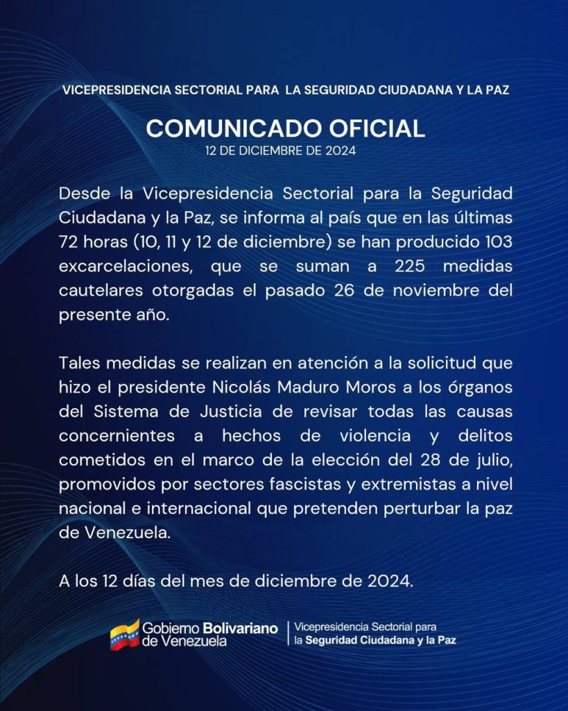 Comunicado Maduro excarcelaciones presos políticos