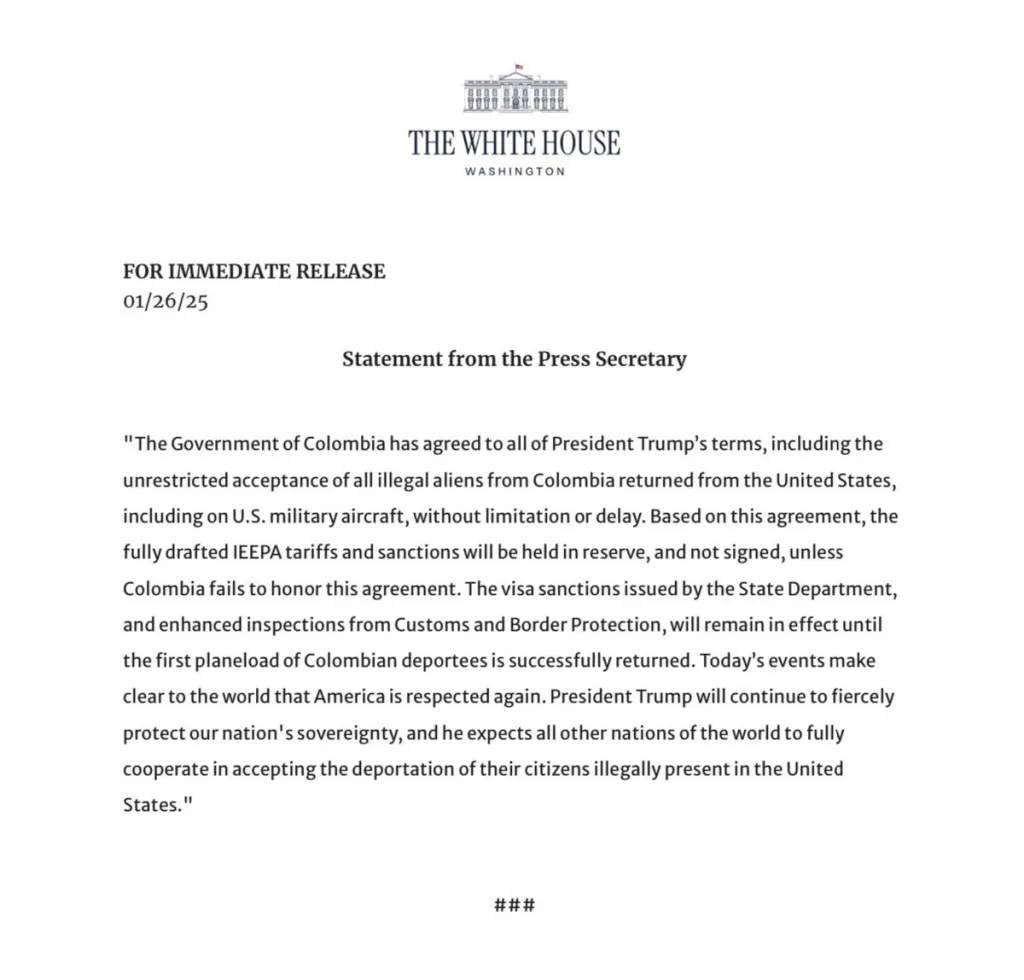 Comunicado de La Casa Blanca sobre Petro y sanciones a Colombia