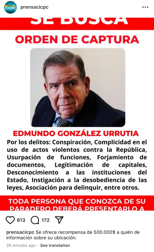 Cicpc ofrece recompensa de $100.000 por captura de Edmundo González