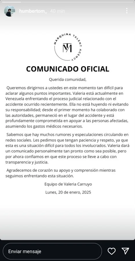 Comunicado accidente valeria carruyo