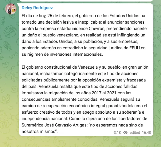 sanciones respuesta delcy rodriguez