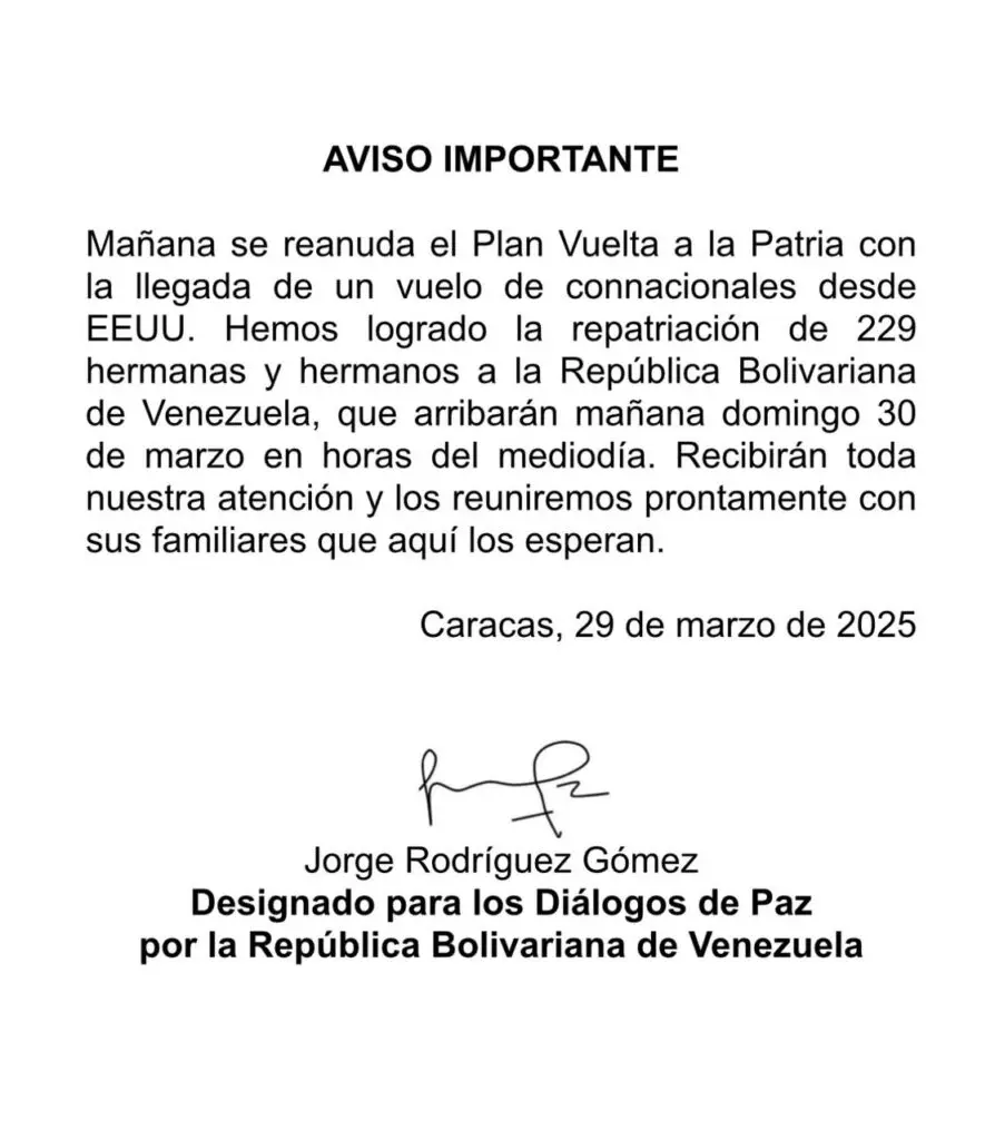 Vuelo con 229 migrantes venezolanos deportados aterrizará en Caracas este domingo