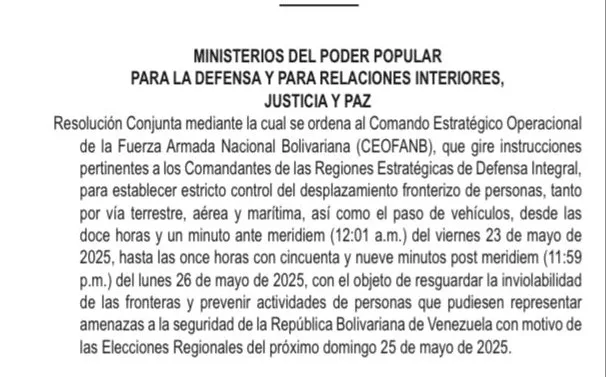 Las fronteras venezolanas permanecerán cerradas entre el 23 y el 26 de mayo