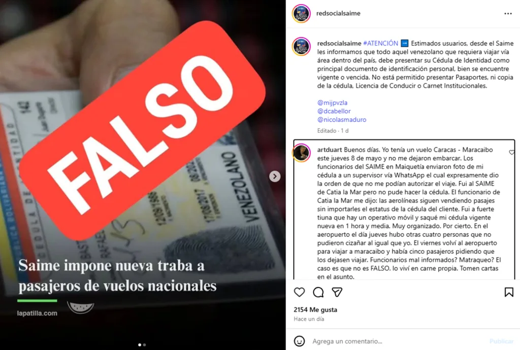Publicación del Saime sobre cédula vencida