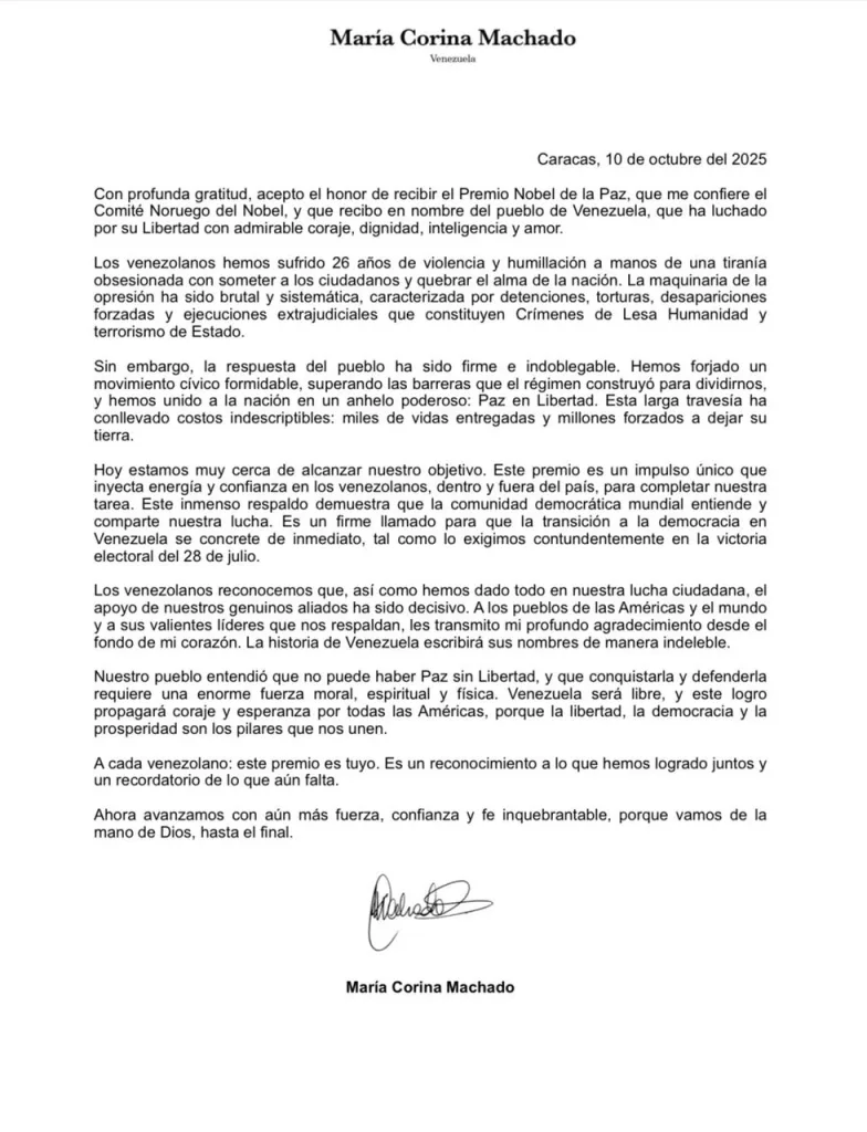 Premio Nobel de la Paz María Corina Machado 