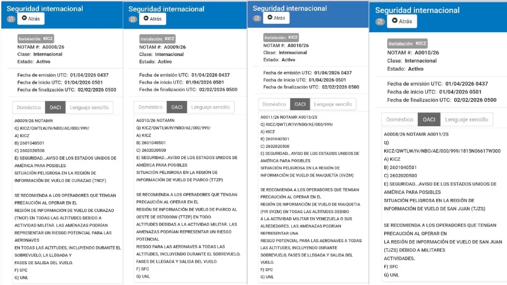 NOTAM publicados por USA el 4 de febrero de 2026