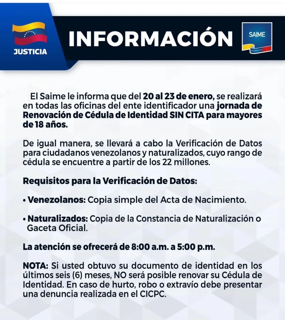Saime renovará cédulas sin cita hasta el 26 de enero
