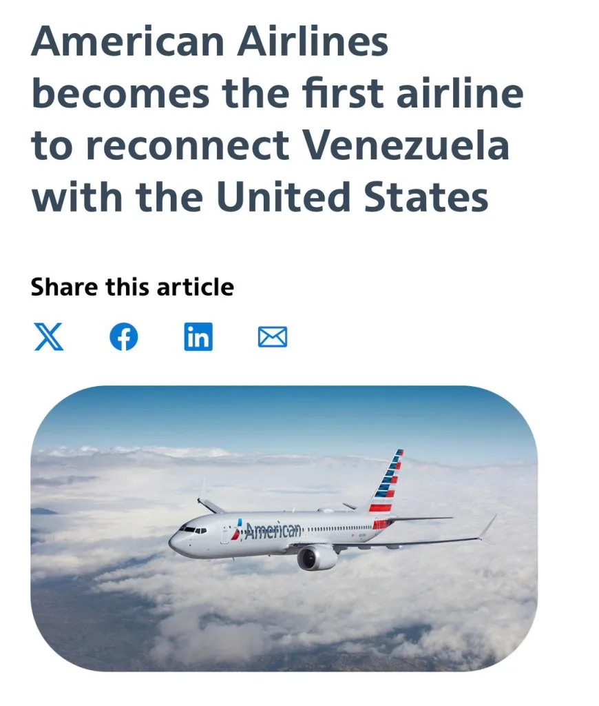 Reactivan vuelos entre EE.UU. y Venezuela: American Airlines inaugura la ruta