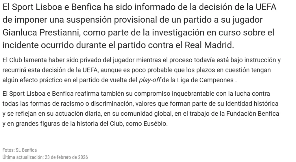Benfica apela la suspensión de Prestianni por parte de la UEFA