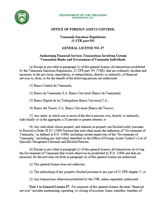 banco central de venezuela licencia ofac