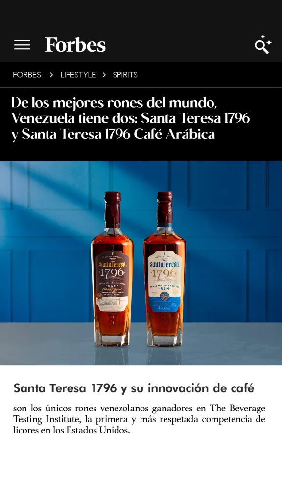 Forbes incluye 2 versiones de Santa Teresa 1796 entre los mejores rones del mundo