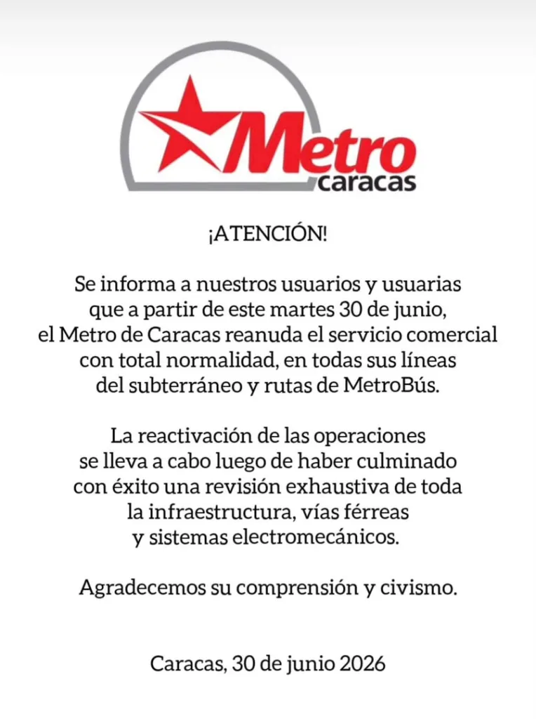 Metro de Caracas anuncia reactivación total del servicio 