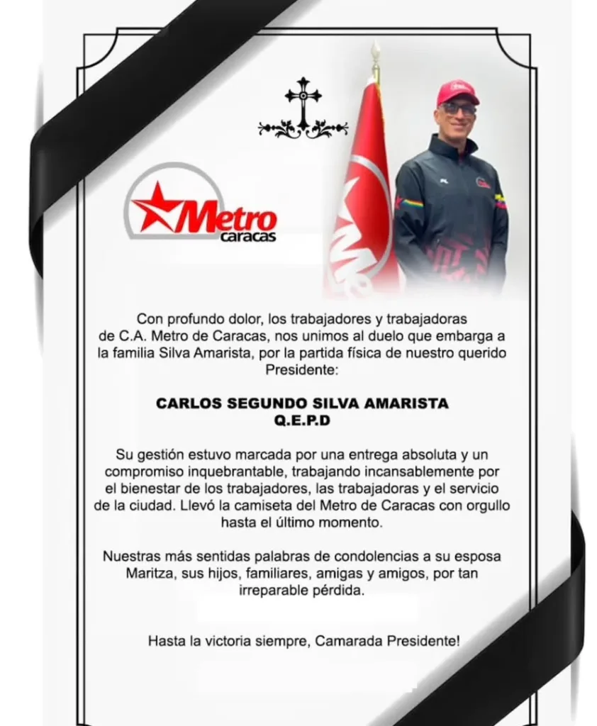 Metro de Caracas anuncia reactivación total del servicio Fallece presidente del Metro de Caracas Carlos Segundo Silva Amarista