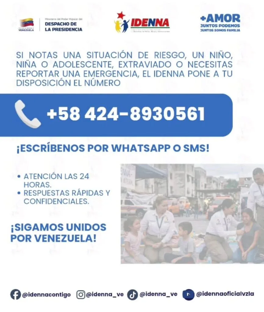 Linea telefónica del Idenna para anunciar niños extraviados. Foto: Cecodap