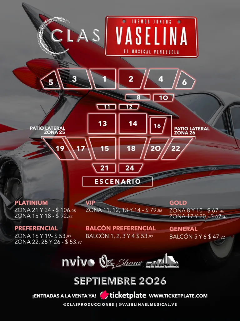 Mapa de precios para las presentaciones de Vaselina en el Teatro Teresa Carreño